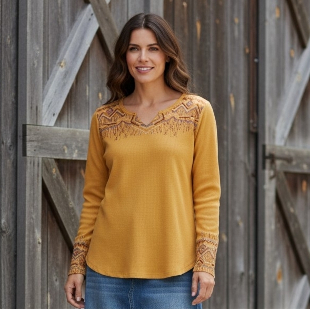 Sundance Mustard Yellow Embroidered Southwestern Waffle Knit Top